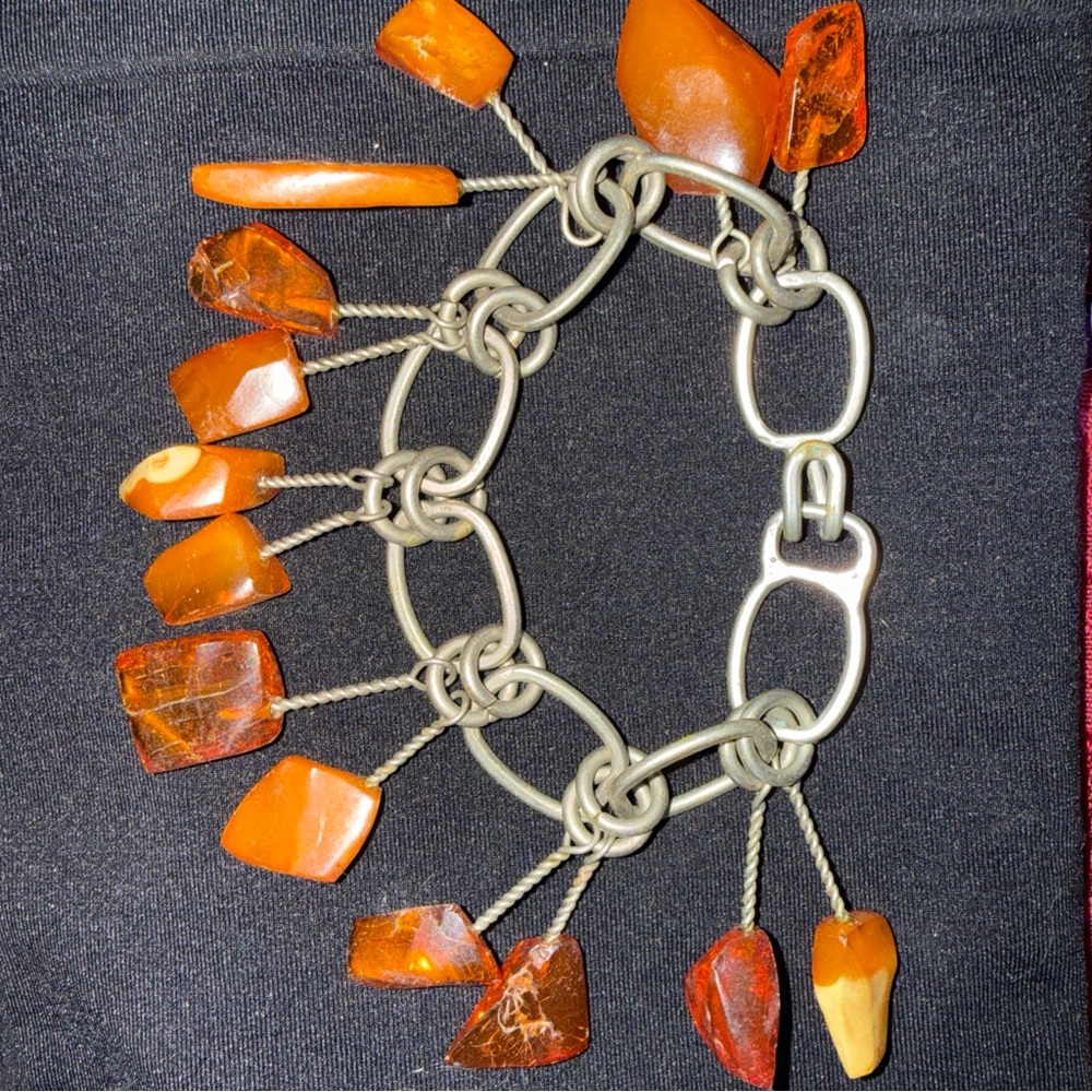 Amber Baltic Sea Charm Bracelet dangle vintage silver tone